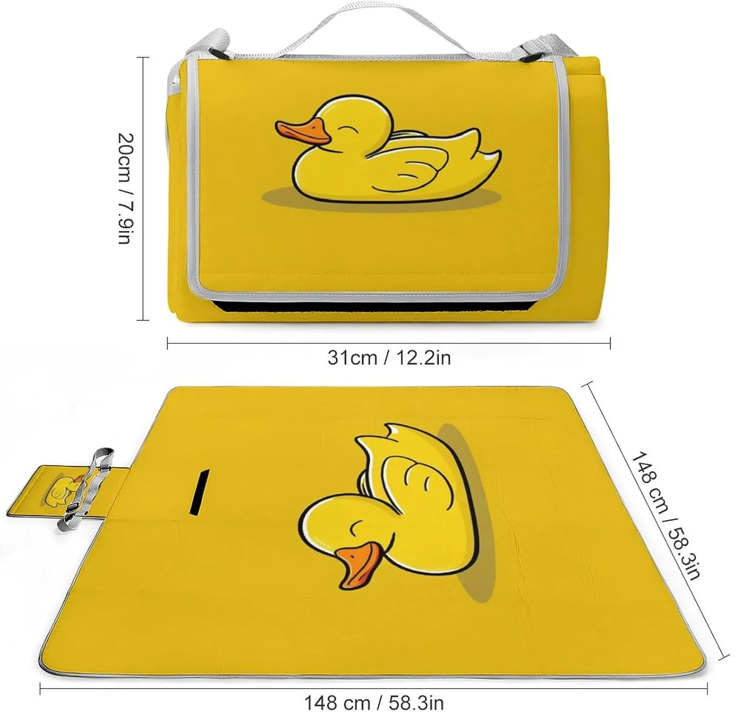 Unique Pattern Outdoor Picnic Mat, Waterproof and Foldable Cute Lazy Duck Yellow Blankets for Camping Grass Lawn Park Accessories