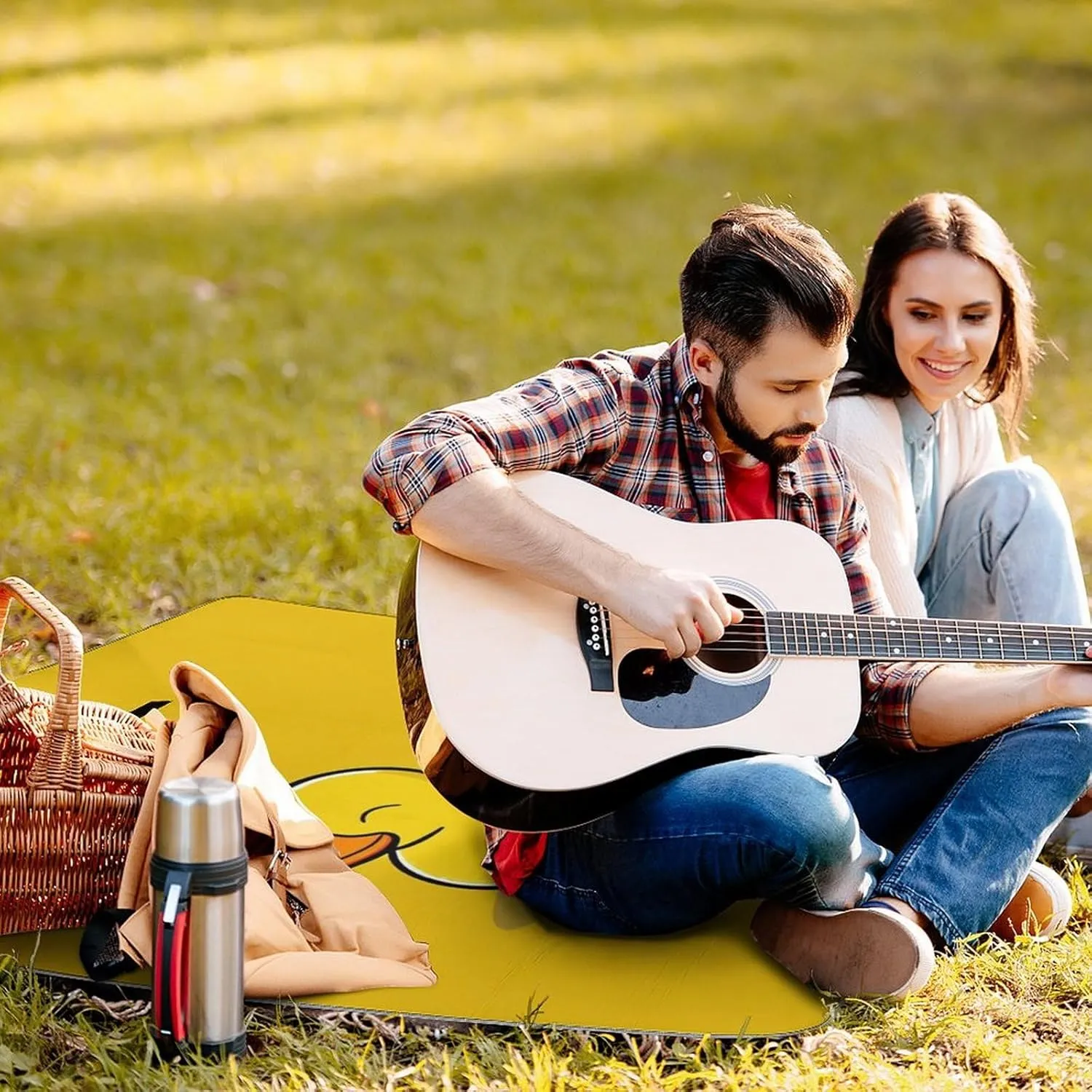 Unique Pattern Outdoor Picnic Mat, Waterproof and Foldable Cute Lazy Duck Yellow Blankets for Camping Grass Lawn Park Accessories
