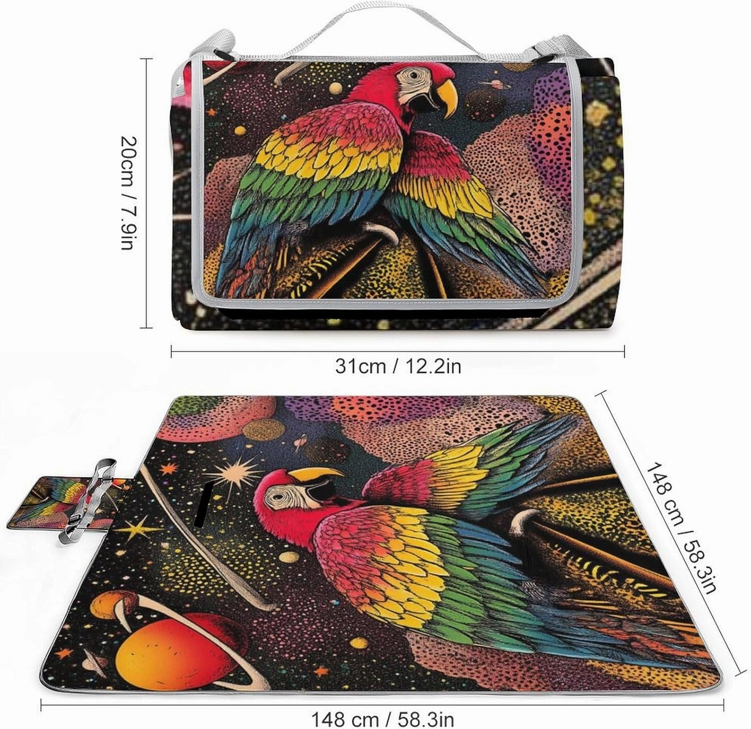 Unique Pattern Outdoor Picnic Mat, Waterproof and Foldable Beautiful Parrot Space Art Blankets for Camping Grass Lawn Park Accessories