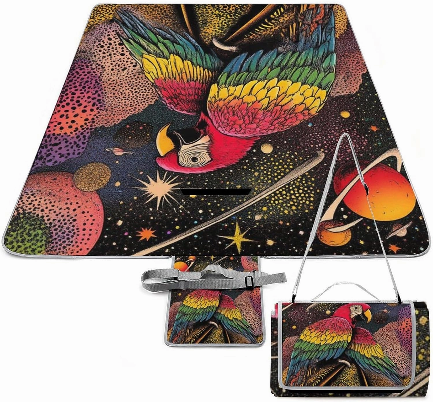 Unique Pattern Outdoor Picnic Mat, Waterproof and Foldable Beautiful Parrot Space Art Blankets for Camping Grass Lawn Park Accessories