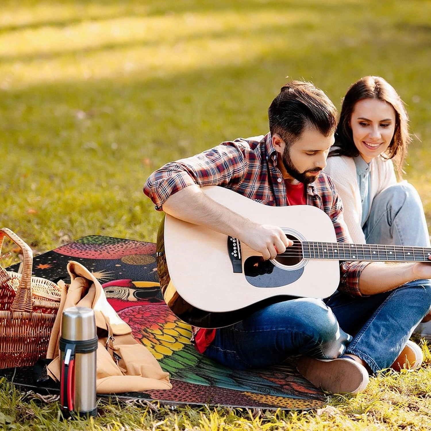 Unique Pattern Outdoor Picnic Mat, Waterproof and Foldable Beautiful Parrot Space Art Blankets for Camping Grass Lawn Park Accessories
