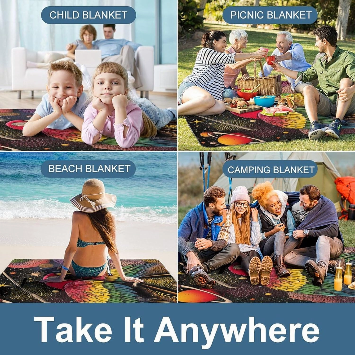 Unique Pattern Outdoor Picnic Mat, Waterproof and Foldable Beautiful Parrot Space Art Blankets for Camping Grass Lawn Park Accessories