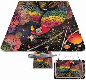 Unique Pattern Outdoor Picnic Mat, Waterproof and Foldable Beautiful Parrot Space Art Blankets for Camping Grass Lawn Park Accessories