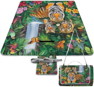 Unisex Foldable Tropical Jungle Parrot Birds Tiger Art Mat for Outdoor, Water-Resistant Handy Mat Tote, Spring Summer Camping Blanket for Picnic Travel Beach