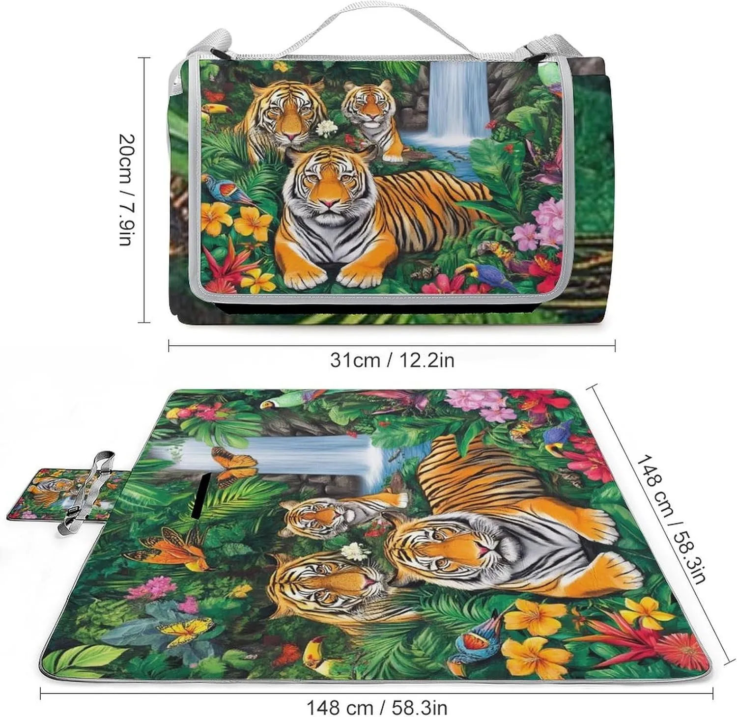 Unisex Foldable Tropical Jungle Parrot Birds Tiger Art Mat for Outdoor, Water-Resistant Handy Mat Tote, Spring Summer Camping Blanket for Picnic Travel Beach