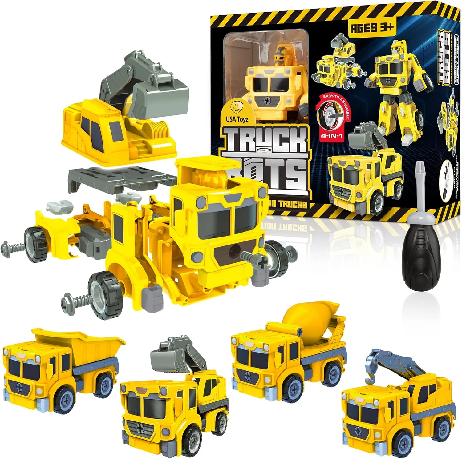 USA Toyz Truck Bots Construction Truck Robots for Kids - 4-in-1 STEM Robot Take Apart Toys for Boys and Girls, 19pc Construction Vehicles Building Kit with Toy Screwdriver