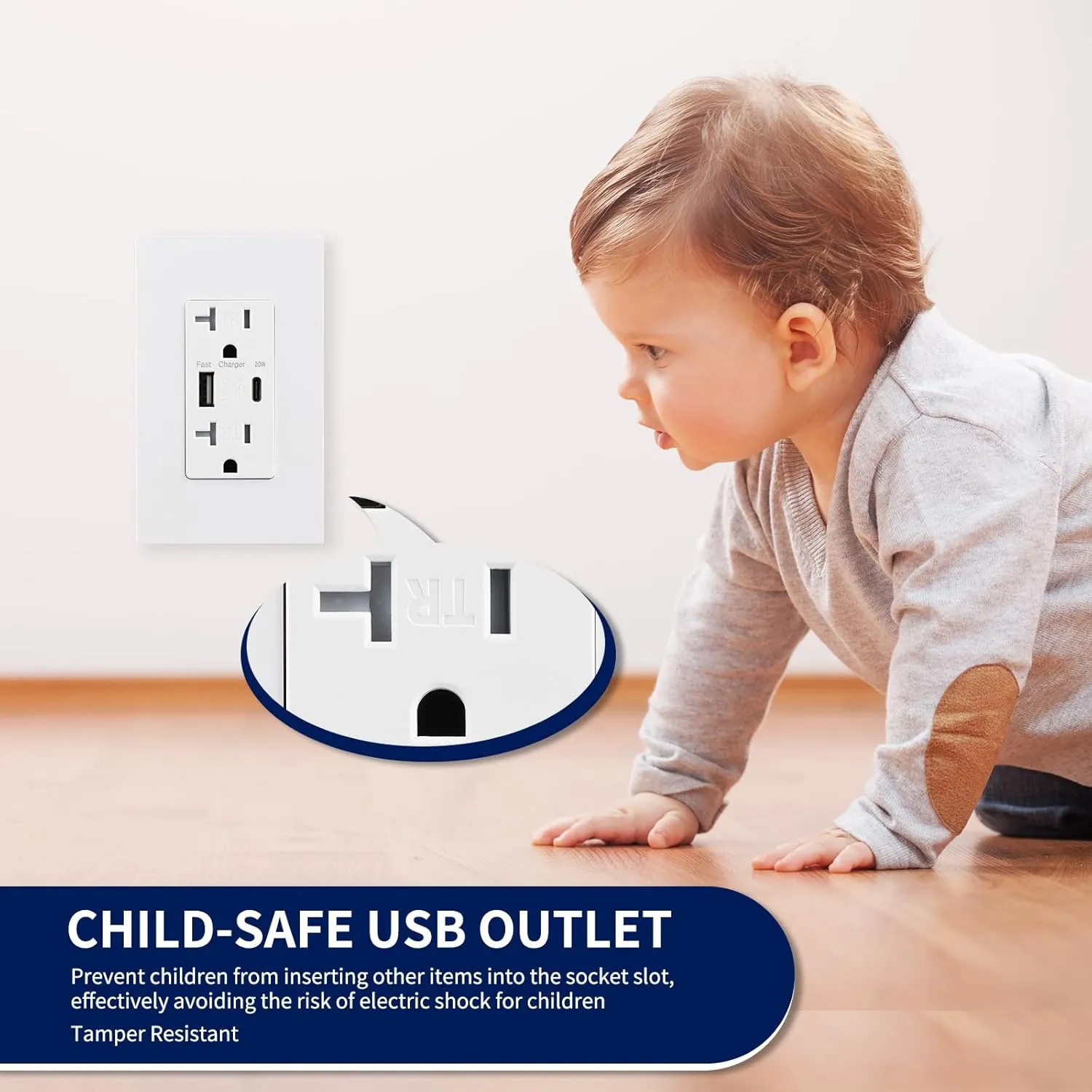 USB Wall Outlet with 20W Fast Charging, Type-C & Type-A Dual Ports USB Outlets, Tamper-Resistant USB Receptacle, Screwless Wall Plate, 20A ETL White (2-Pack)