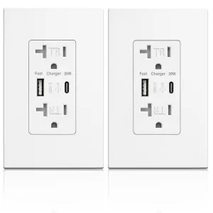 USB Wall Outlet with 20W Fast Charging, Type-C & Type-A Dual Ports USB Outlets, Tamper-Resistant USB Receptacle, Screwless Wall Plate, 20A ETL White (2-Pack)