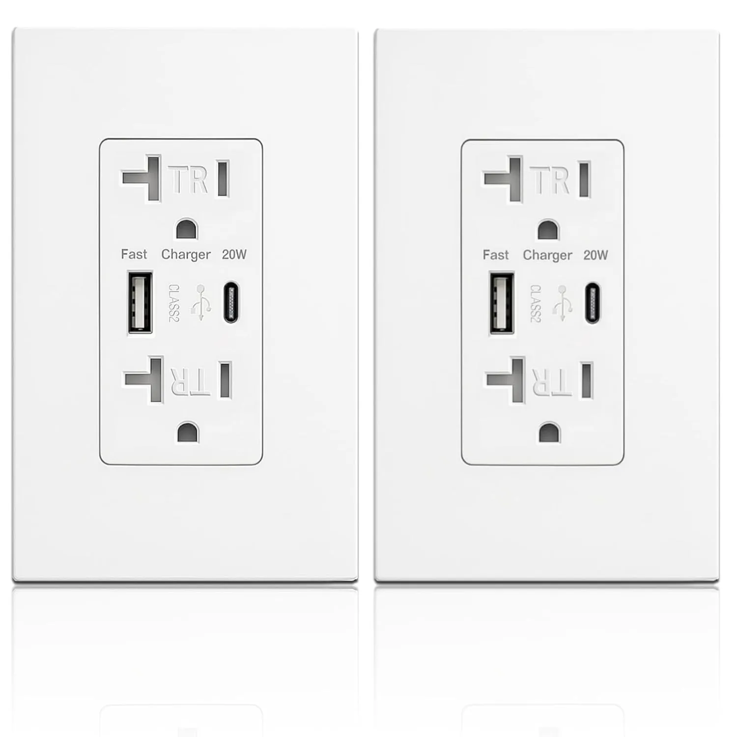 USB Wall Outlet with 20W Fast Charging, Type-C & Type-A Dual Ports USB Outlets, Tamper-Resistant USB Receptacle, Screwless Wall Plate, 20A ETL White (2-Pack)
