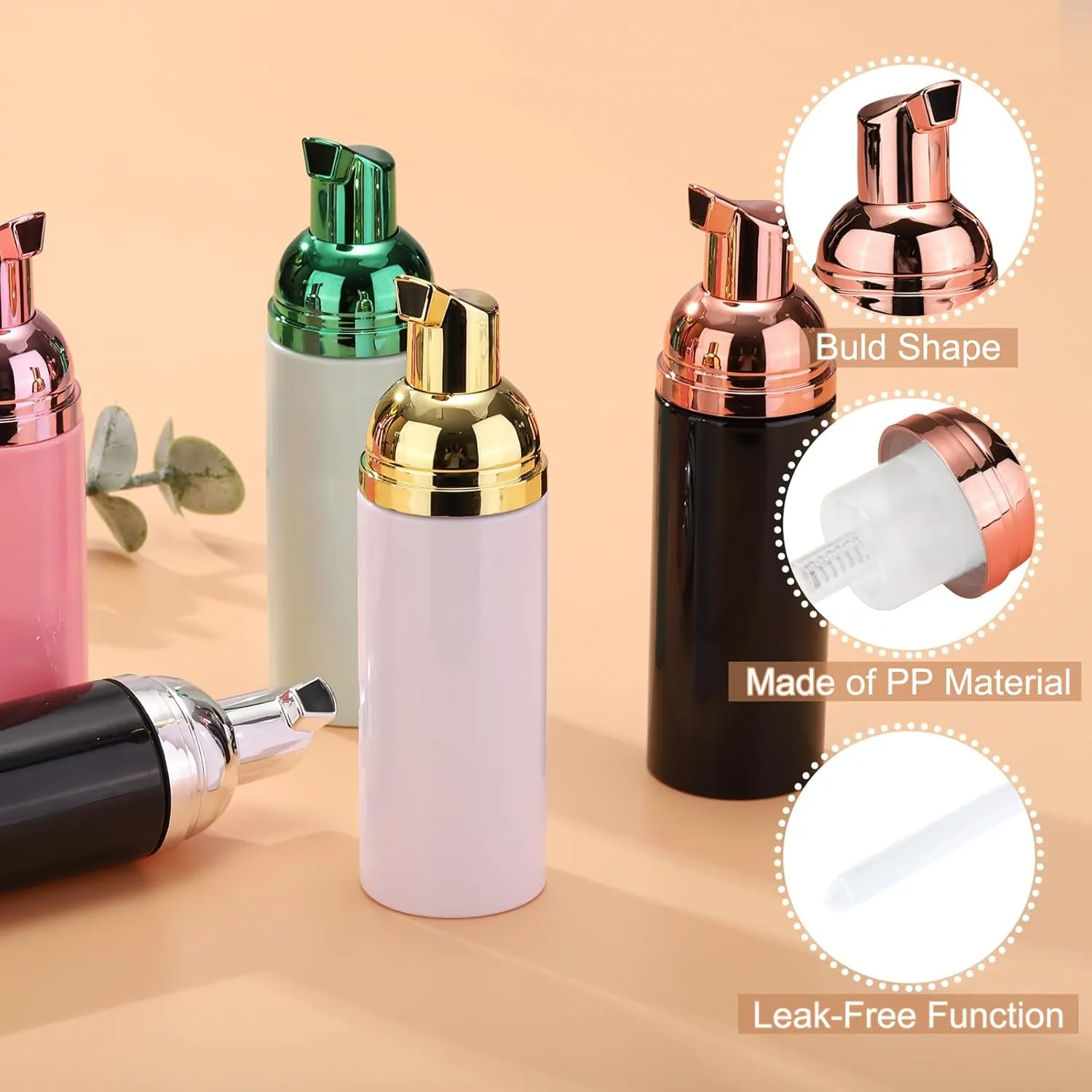 uxcell 2 Oz / 60ml Empty Foam Pump Bottle, 12 PCS Travel Foam Soap Dispenser, Empty Refillable Plastic Pump Bottle for Lash Shampoo, Hand Soap, Black/Rose Gold