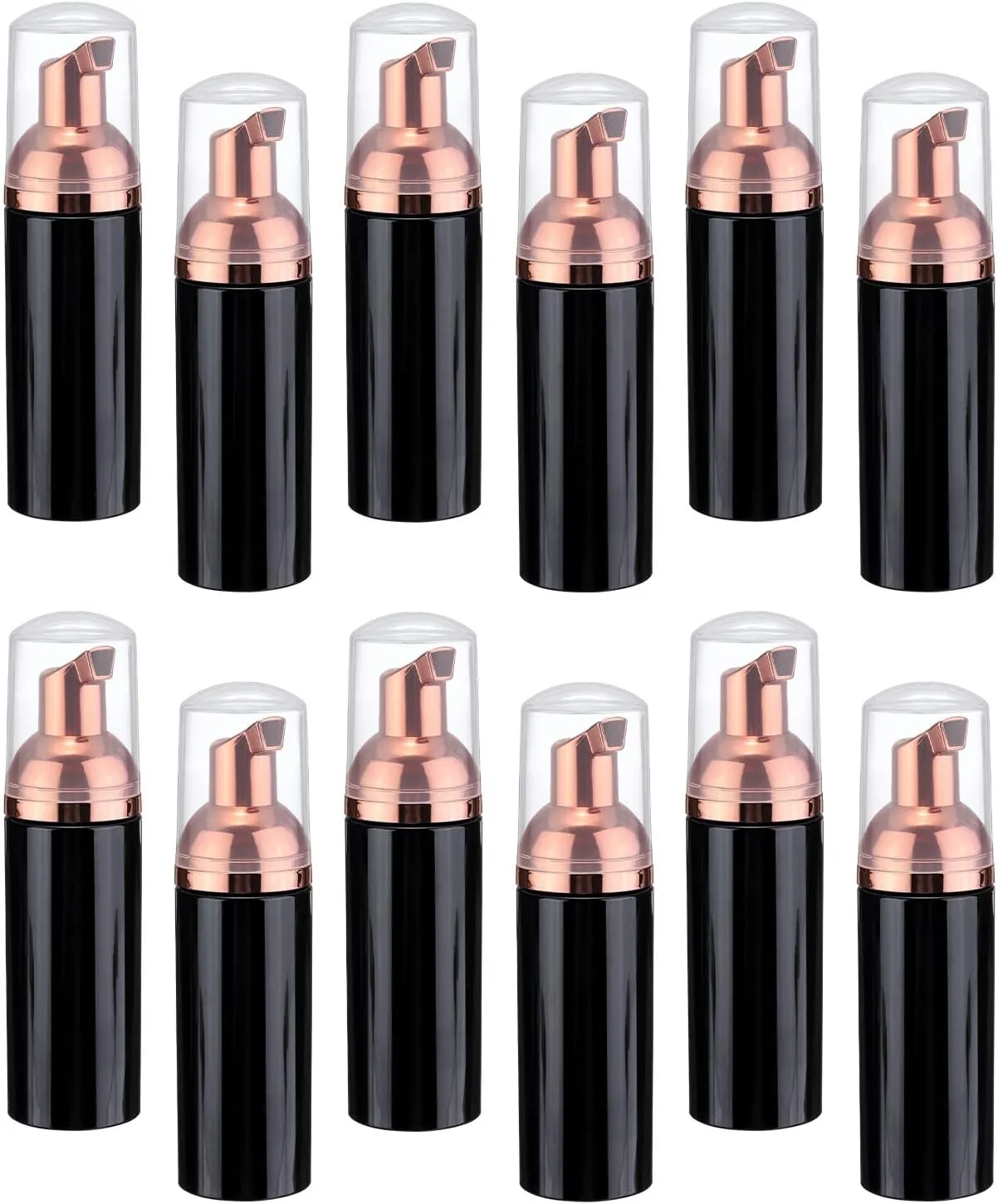 uxcell 2 Oz / 60ml Empty Foam Pump Bottle, 12 PCS Travel Foam Soap Dispenser, Empty Refillable Plastic Pump Bottle for Lash Shampoo, Hand Soap, Black/Rose Gold