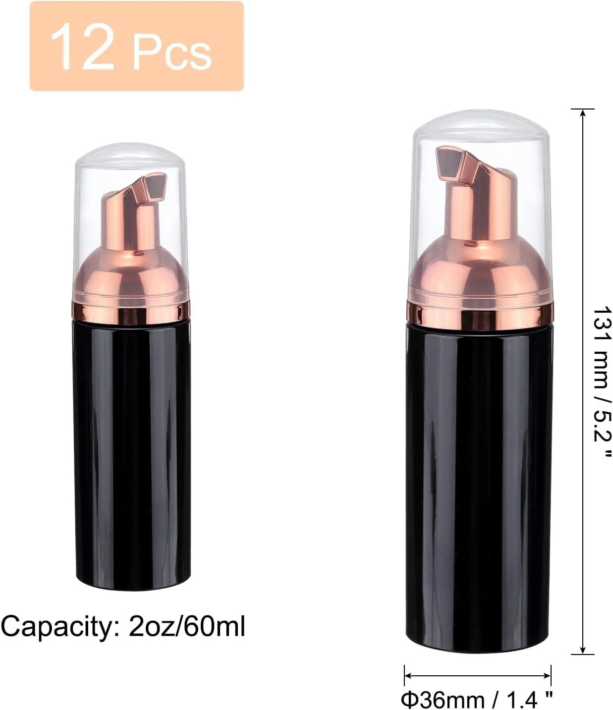 uxcell 2 Oz / 60ml Empty Foam Pump Bottle, 12 PCS Travel Foam Soap Dispenser, Empty Refillable Plastic Pump Bottle for Lash Shampoo, Hand Soap, Black/Rose Gold