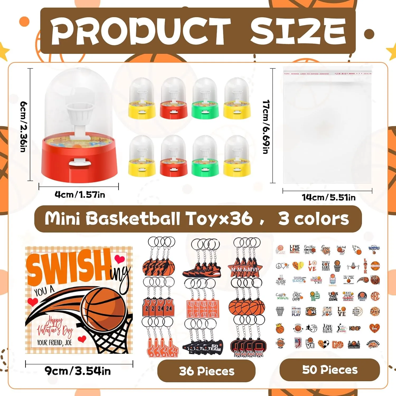Valentine's Day Gifts 36 Pack Mini Finger Basketball Shooting Game Basketball Keychains Basketball Stickers Basketball Party Favors Classroom Rewards Carnival Prizes Party Supplies for Kids