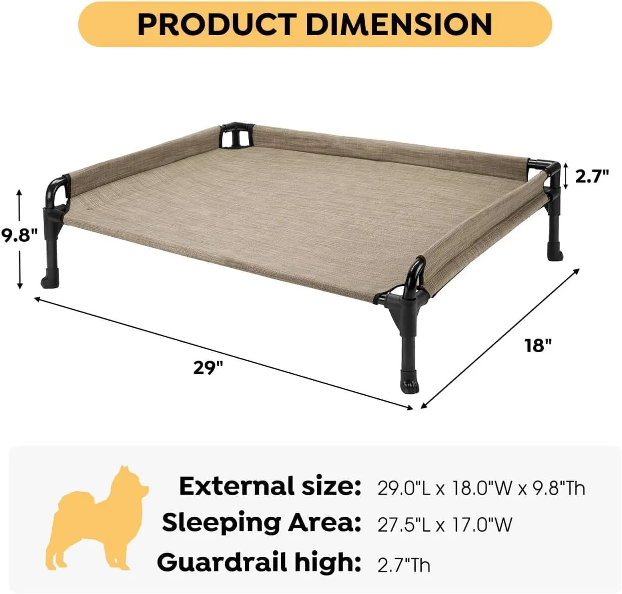 Veehoo Elevated Raised Dog Cot Bed - Cooling Outdoor Pet Hammock with Fence & Mesh - 29"x18" Beige Coffee