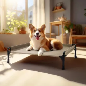 Veehoo Elevated Raised Dog Cot Bed - Cooling Outdoor Pet Hammock with Fence & Mesh - 29"x18" Beige Coffee