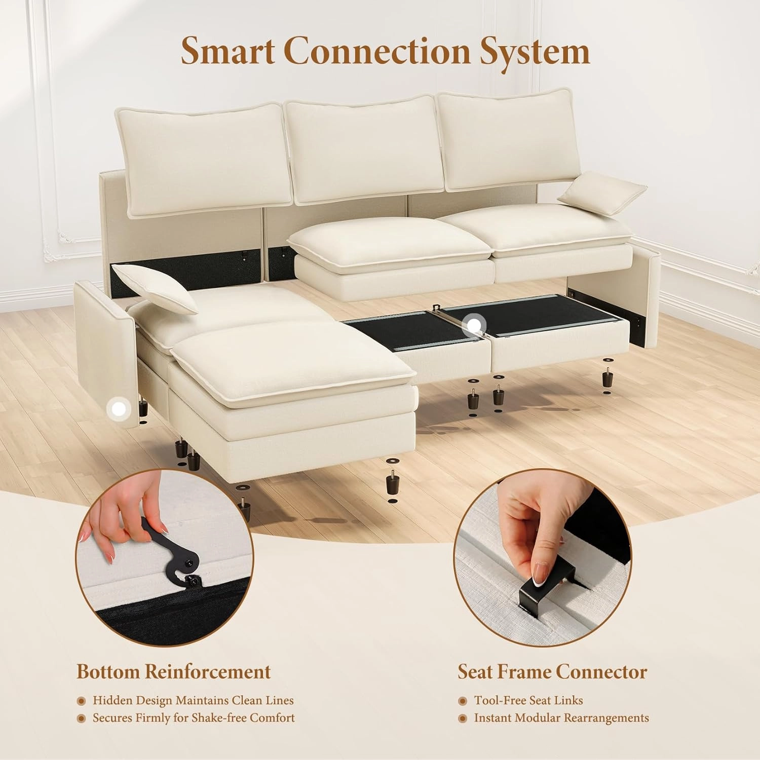 Vesgantti 108" U Shaped Sectional Couch, Comfy Cloud Modular Sectional Sofa with 2 Ottoman Deep Seat Chenille Modern Cloud Sofa, Modular Sofas for Living Room, Bedroom and Apartment, Beige