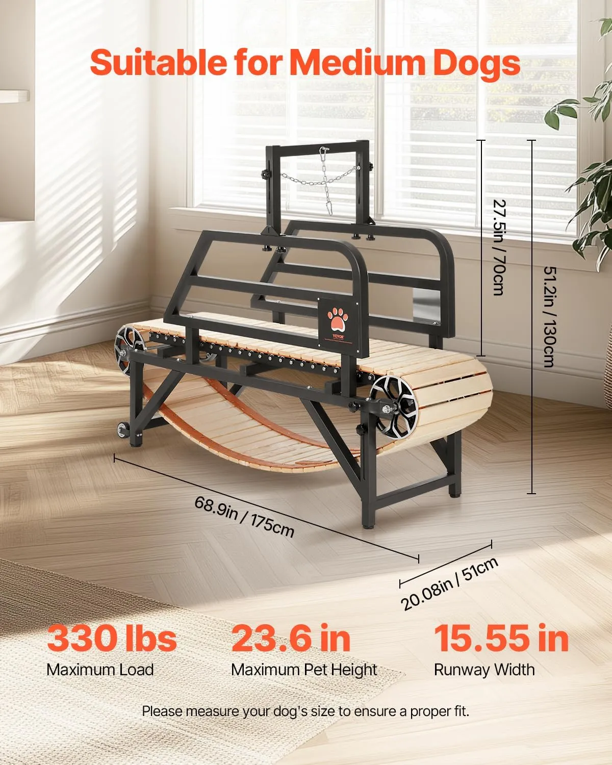VEVOR Dog Treadmill for Large/Medium Dogs with Brake, Slatmill with 3 Adjustable Ramps, Doggy Pacer to Unleash Joy, Keep Active & Fit, Supports Up to 330 lbs