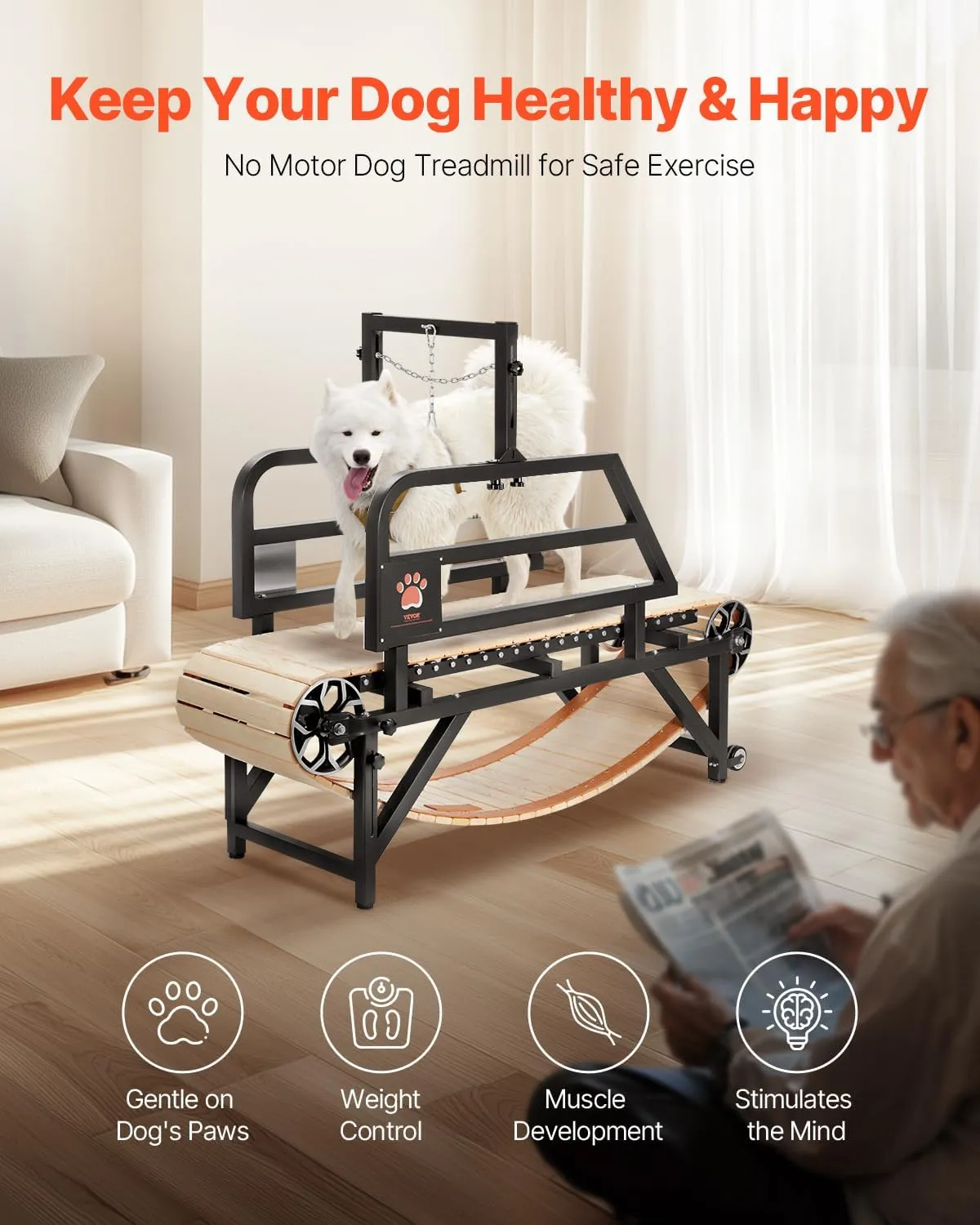 VEVOR Dog Treadmill for Large/Medium Dogs with Brake, Slatmill with 3 Adjustable Ramps, Doggy Pacer to Unleash Joy, Keep Active & Fit, Supports Up to 330 lbs