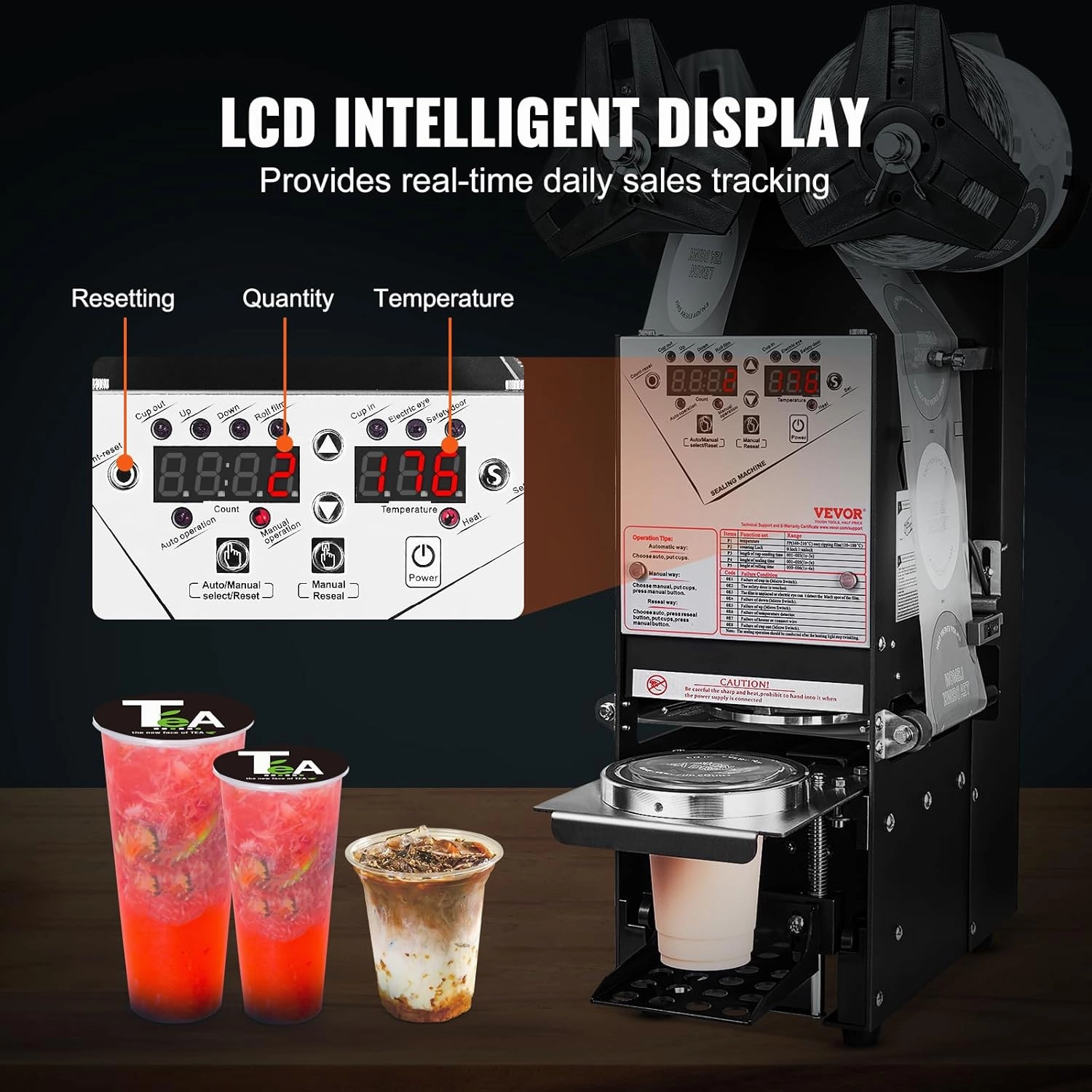 VEVOR Cup Sealing Machine, Fully Automatic Cup Sealer Machine, Boba Sealer Machine 500-650 Cups/H for 190 mm Tall & 90/95 mm Cup with Digital Control LCD Panel for Bubble Milk Tea Coffee, Black