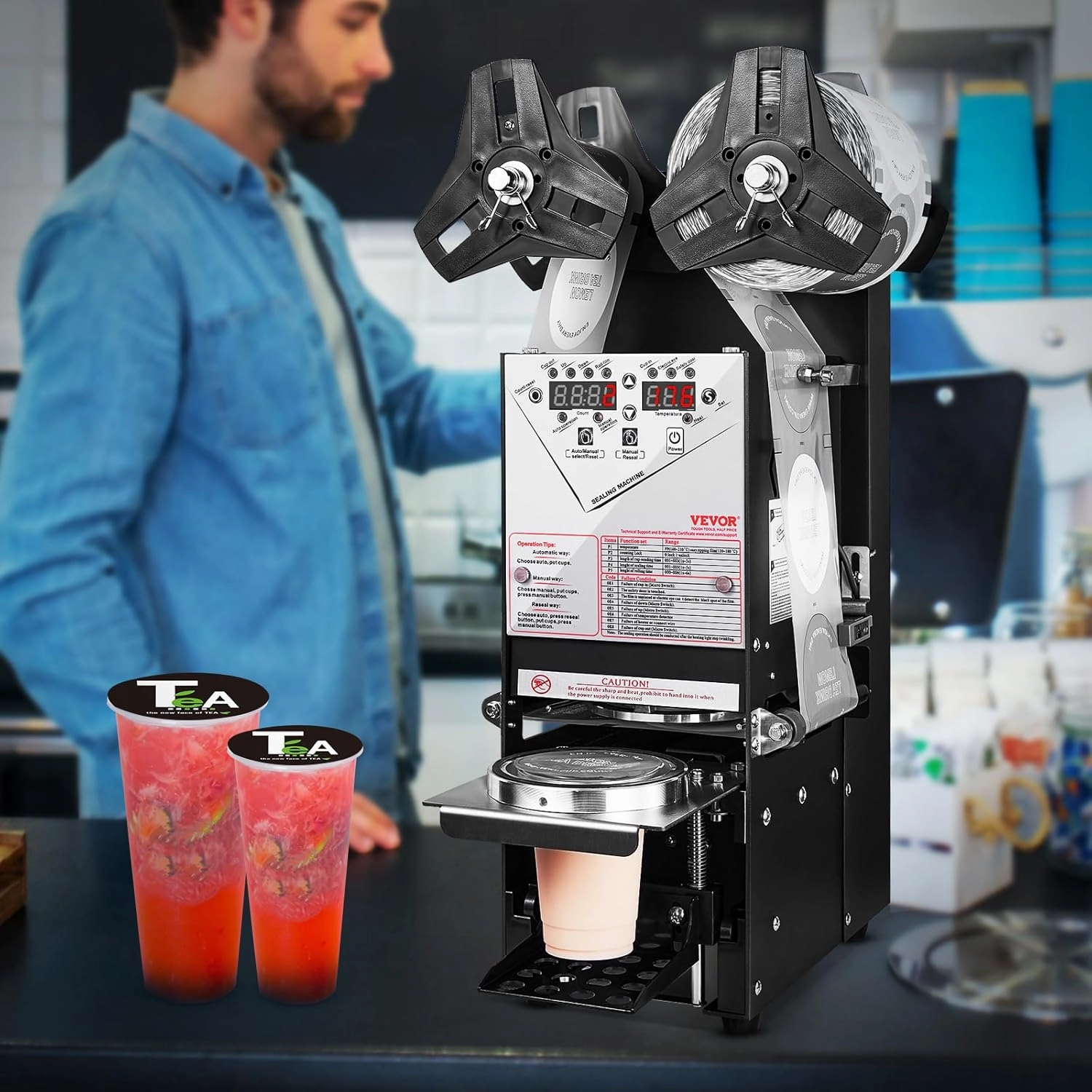 VEVOR Cup Sealing Machine, Fully Automatic Cup Sealer Machine, Boba Sealer Machine 500-650 Cups/H for 190 mm Tall & 90/95 mm Cup with Digital Control LCD Panel for Bubble Milk Tea Coffee, Black