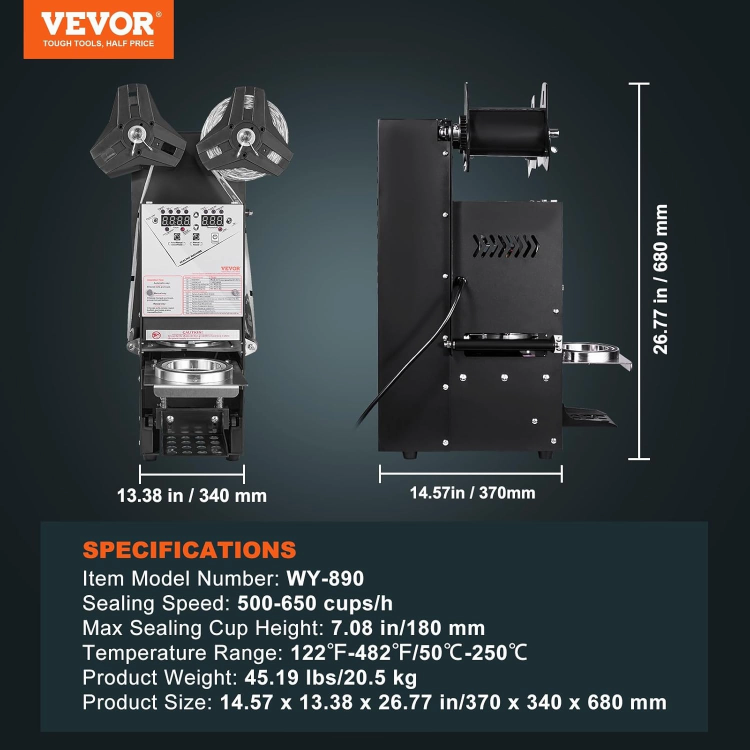 VEVOR Cup Sealing Machine, Fully Automatic Cup Sealer Machine, Boba Sealer Machine 500-650 Cups/H for 190 mm Tall & 90/95 mm Cup with Digital Control LCD Panel for Bubble Milk Tea Coffee, Black