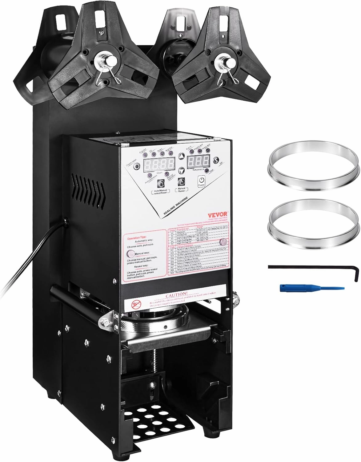 VEVOR Cup Sealing Machine, Fully Automatic Cup Sealer Machine, Boba Sealer Machine 500-650 Cups/H for 190 mm Tall & 90/95 mm Cup with Digital Control LCD Panel for Bubble Milk Tea Coffee, Black