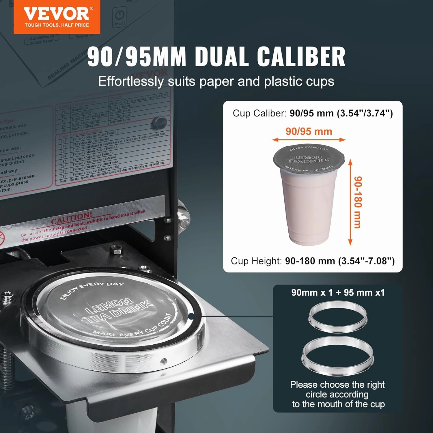 VEVOR Cup Sealing Machine, Fully Automatic Cup Sealer Machine, Boba Sealer Machine 500-650 Cups/H for 190 mm Tall & 90/95 mm Cup with Digital Control LCD Panel for Bubble Milk Tea Coffee, Black