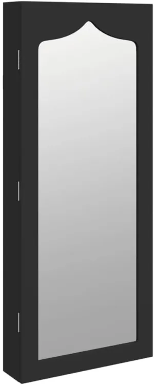 vidaXL Wall-Mounted Mirror Jewelry Cabinet - Black - Engineered Wood, Glass, and Polyester - Ample Storage Compartments with Lockable Door 14.8" x 3.9" x 35.4"