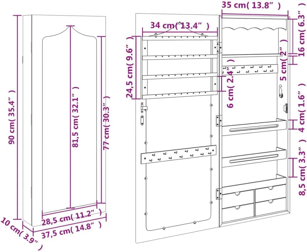 vidaXL Wall-Mounted Mirror Jewelry Cabinet - Black - Engineered Wood, Glass, and Polyester - Ample Storage Compartments with Lockable Door 14.8" x 3.9" x 35.4"