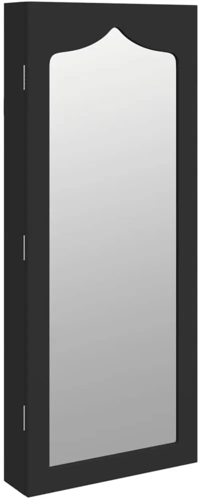 vidaXL Wall-Mounted Mirror Jewelry Cabinet - Black - Engineered Wood, Glass, and Polyester - Ample Storage Compartments with Lockable Door 14.8" x 3.9" x 35.4"