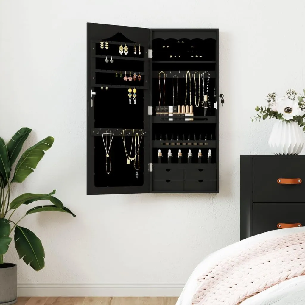 vidaXL Wall-Mounted Mirror Jewelry Cabinet - Black - Engineered Wood, Glass, and Polyester - Ample Storage Compartments with Lockable Door 14.8" x 3.9" x 35.4"