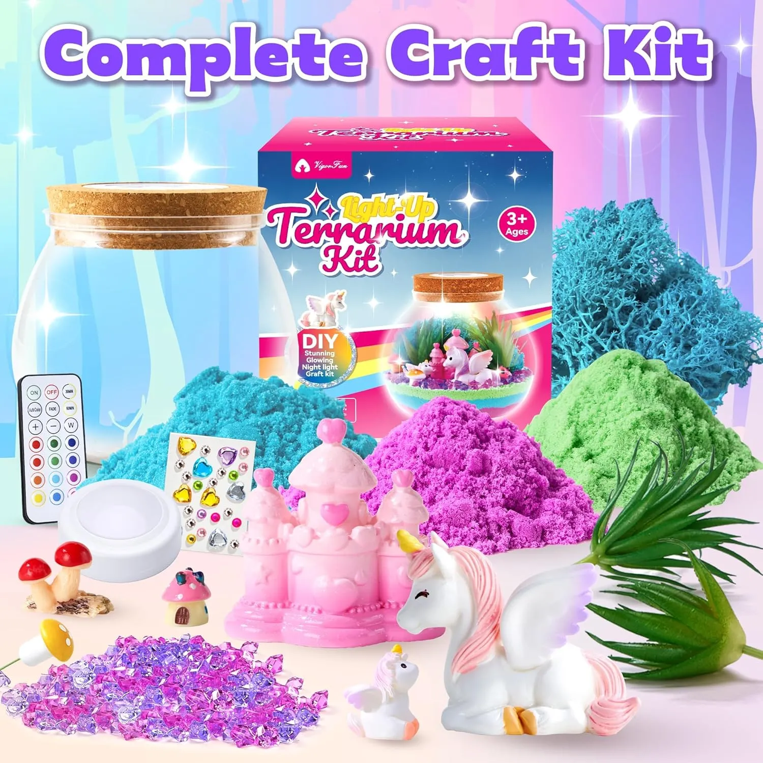 VigorFun Unicorn Terrarium Kit for Kids - Creative LED Night Light Gifts for Girls Birthday Age 3 , DIY Arts & Crafts Light Up Kit, Unicorn Toys for Kids 4 5 6 7 8 9 10 Year Old