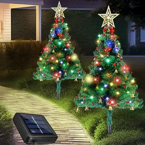VIHOSE 2 Pcs Solar Christmas Tree Lights 3.6 ft Solar Stake Lights with 100 Colorful LED Lights 50 Berries 30 Bells and 2 Bow Knots Holiday Outdoor Christmas Tree Decoration for Garden Yard Lawn Patio