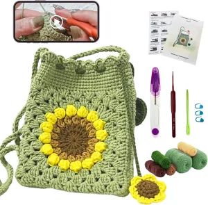 VNRGG Crochet Kit for Beginners Sunflower Bag ，Crochet Starter Kit with Video ，Tutorials and Yarns, Hook DIY Adults & Kids Knitting Supplies.(40%  Yarn)