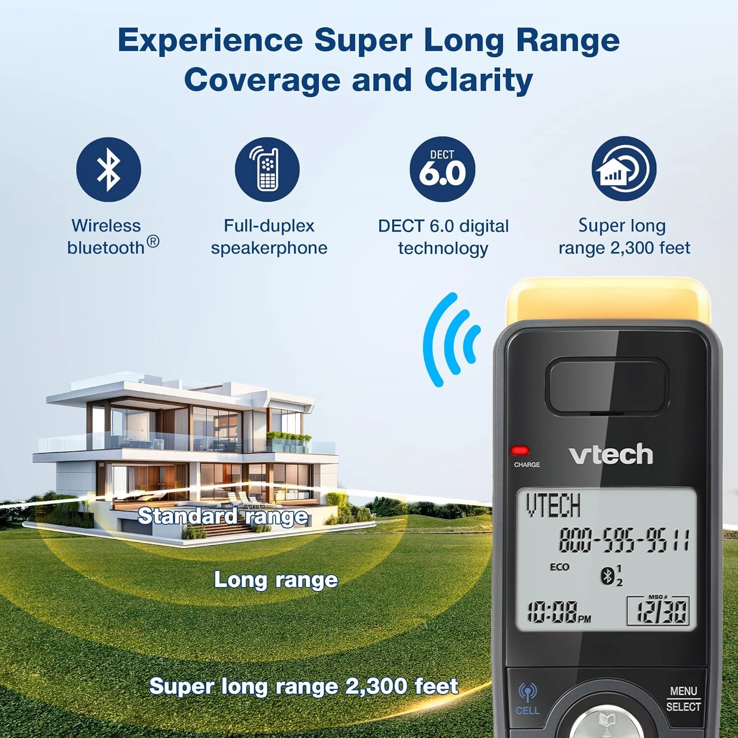 VTech IS8128-51 Super Long Range 5-Handset DECT 6.0 Cordless Phone for Home with Answering Machine, 2300 ft Range, Call Blocking, Bluetooth Connect to Cell, Intercom