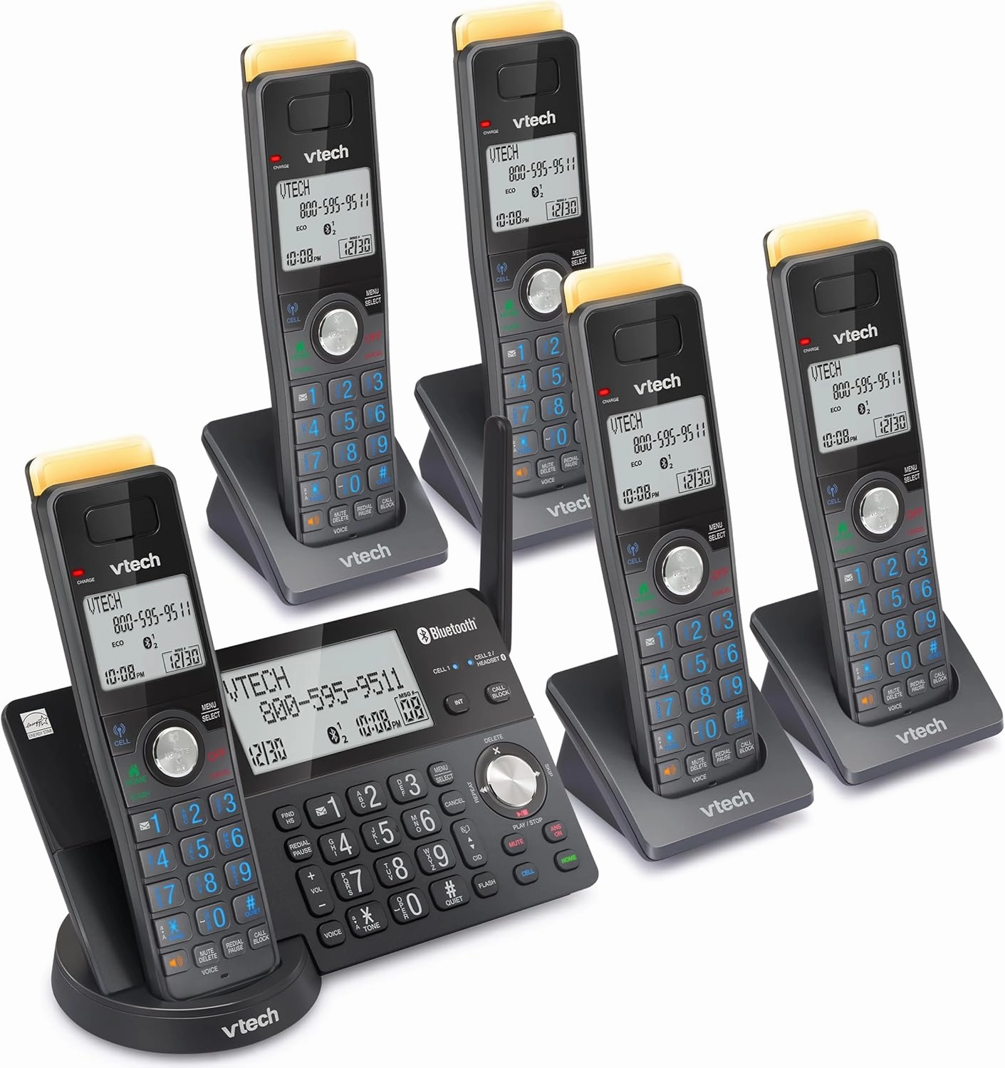 VTech IS8128-51 Super Long Range 5-Handset DECT 6.0 Cordless Phone for Home with Answering Machine, 2300 ft Range, Call Blocking, Bluetooth Connect to Cell, Intercom