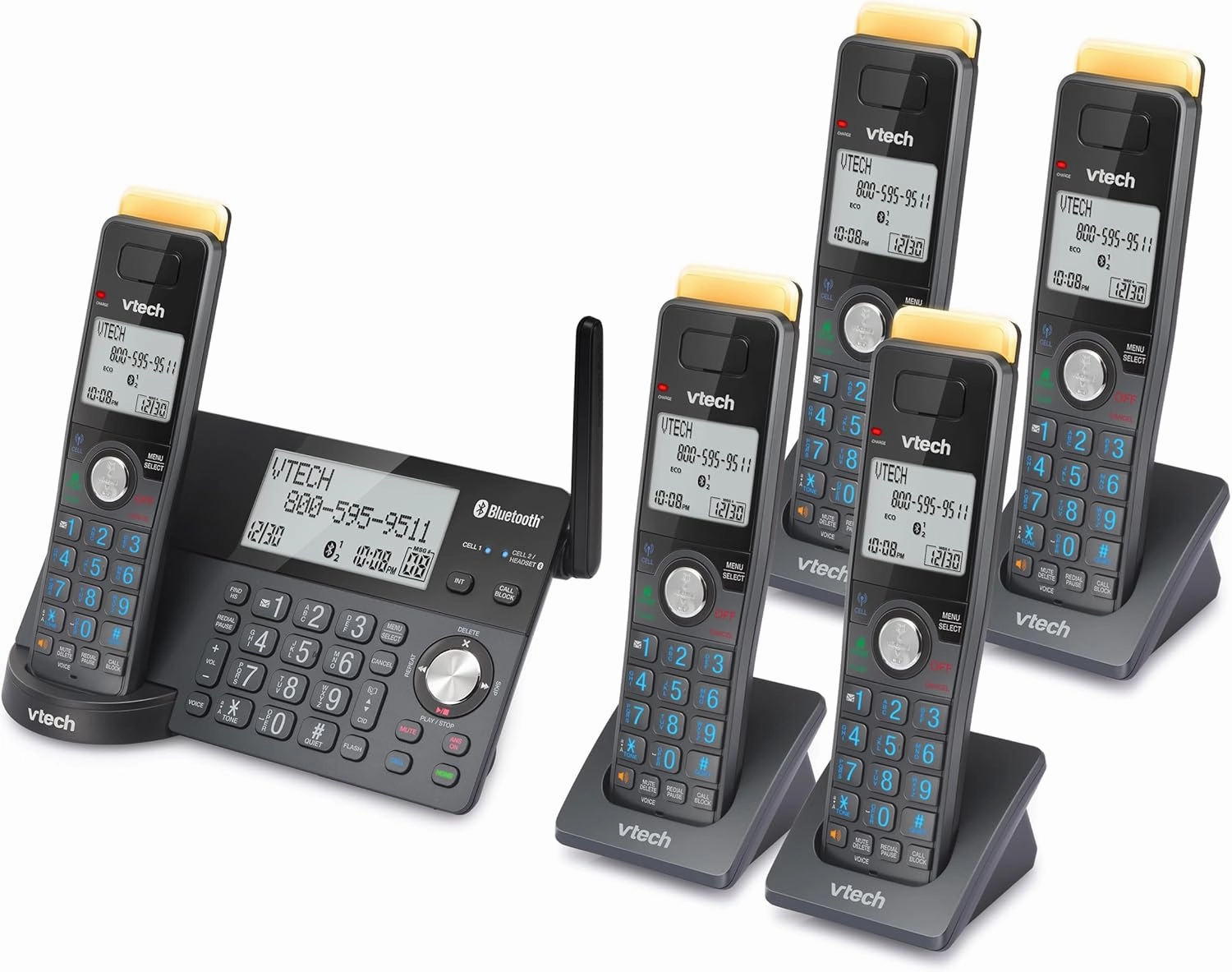 VTech IS8128-51 Super Long Range 5-Handset DECT 6.0 Cordless Phone for Home with Answering Machine, 2300 ft Range, Call Blocking, Bluetooth Connect to Cell, Intercom