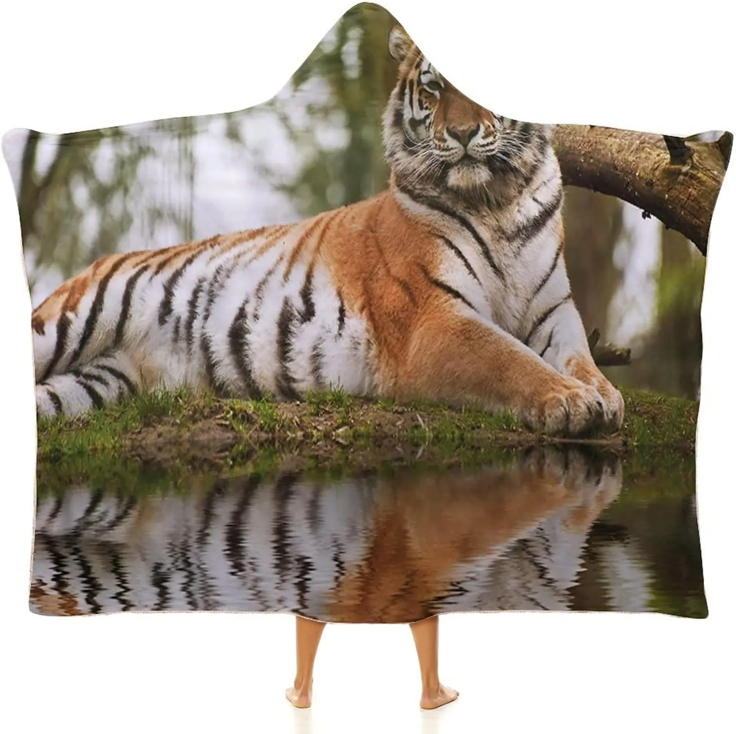 Warm Blanket, Tiger Women Men Hooded Blanket, Siberian Mammal Warm Day, Soft Warm Cozy, 40 x 50inches, Studying Reading Snuggling Napping Office, Multicolor
