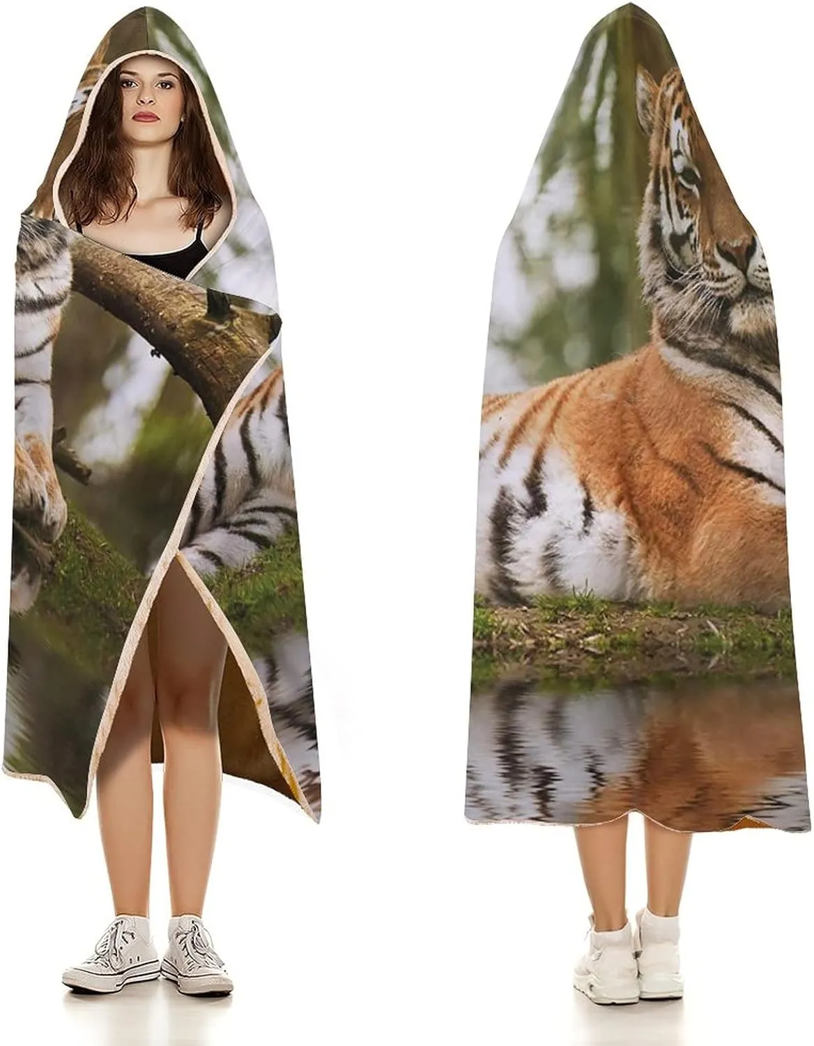 Warm Blanket, Tiger Women Men Hooded Blanket, Siberian Mammal Warm Day, Soft Warm Cozy, 40 x 50inches, Studying Reading Snuggling Napping Office, Multicolor