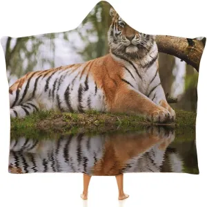 Warm Blanket, Tiger Women Men Hooded Blanket, Siberian Mammal Warm Day, Soft Warm Cozy, 40 x 50inches, Studying Reading Snuggling Napping Office, Multicolor