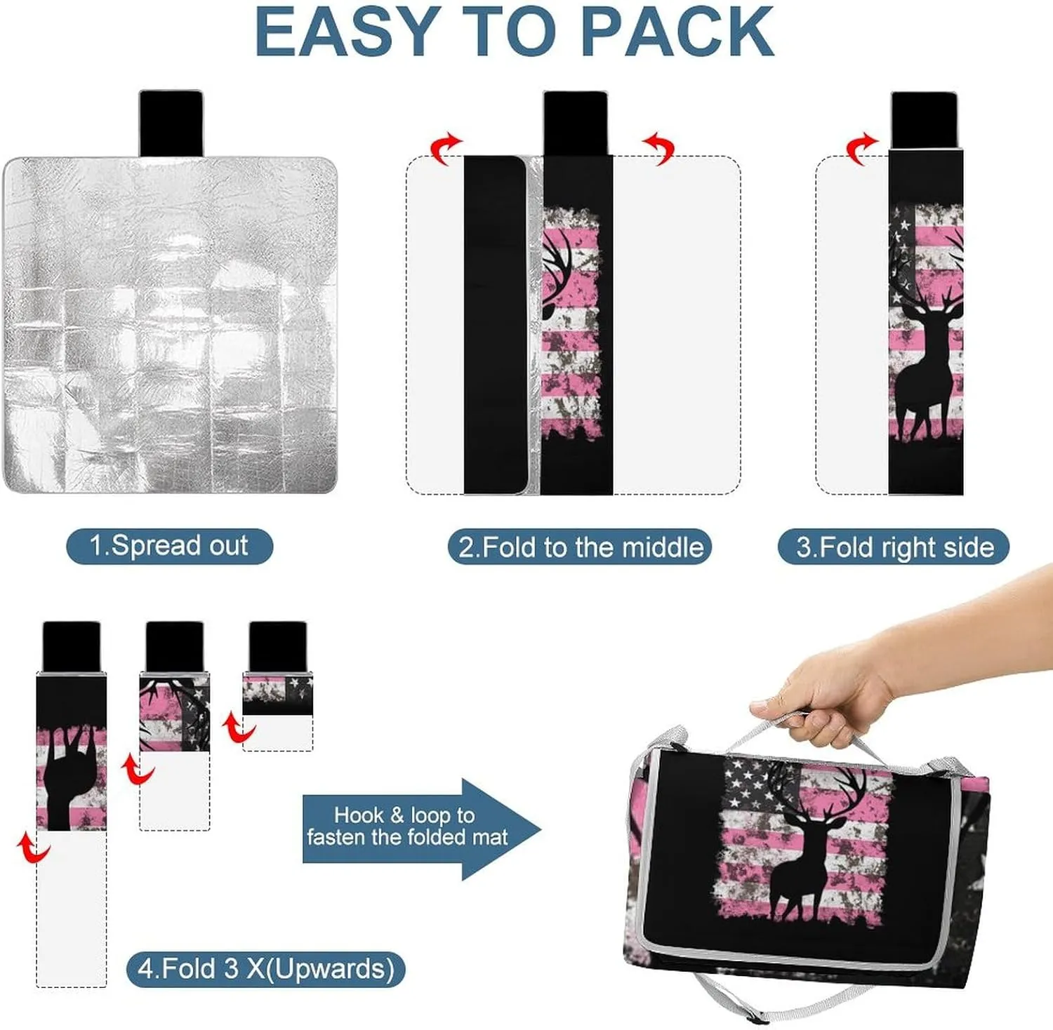Water-Resistant Handy Mat Tote, Waterproof American Flag Camo Deer Hunting Pink Camouflage Camping Blanket for Outdoor Beach Park Accessories