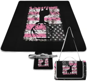 Water-Resistant Handy Mat Tote, Waterproof American Flag Camo Deer Hunting Pink Camouflage Camping Blanket for Outdoor Beach Park Accessories