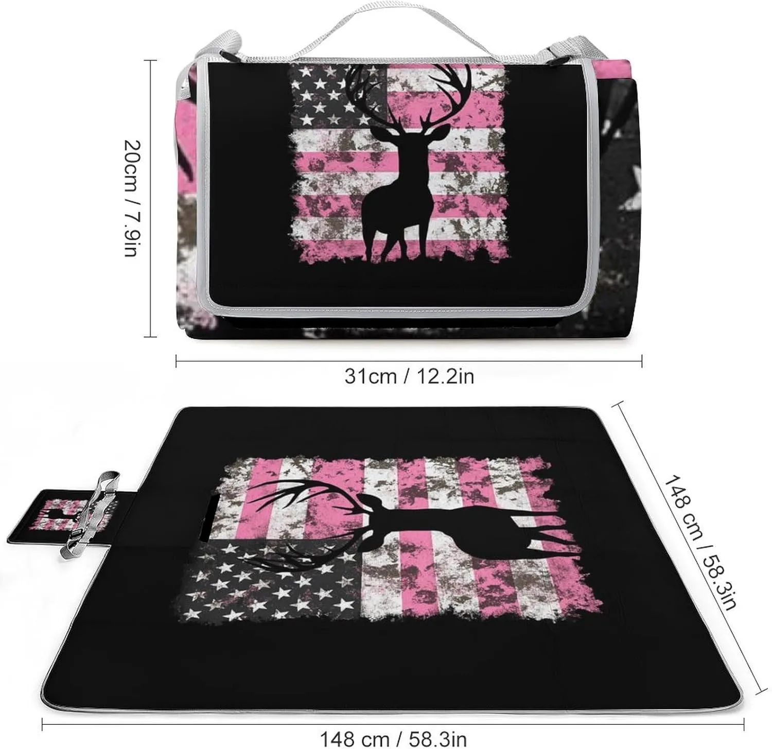 Water-Resistant Handy Mat Tote, Waterproof American Flag Camo Deer Hunting Pink Camouflage Camping Blanket for Outdoor Beach Park Accessories