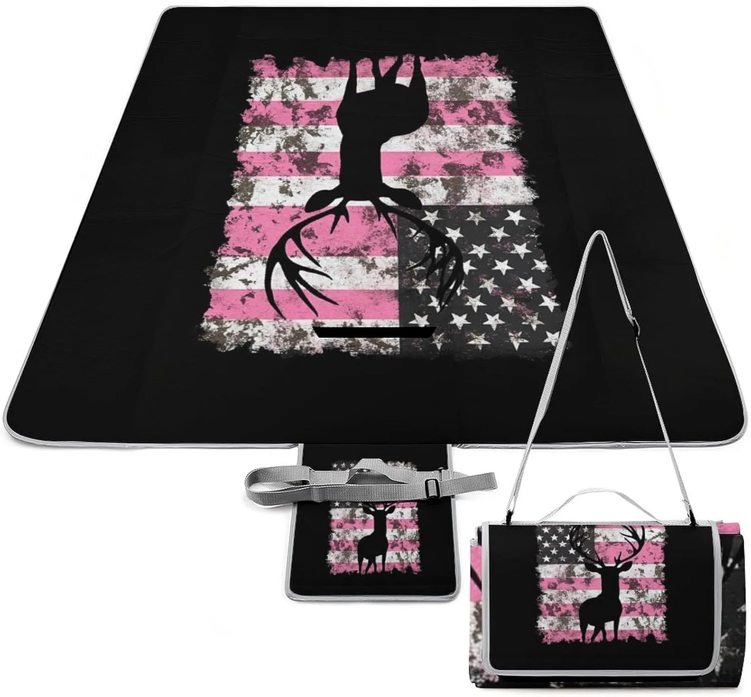 Water-Resistant Handy Mat Tote, Waterproof American Flag Camo Deer Hunting Pink Camouflage Camping Blanket for Outdoor Beach Park Accessories