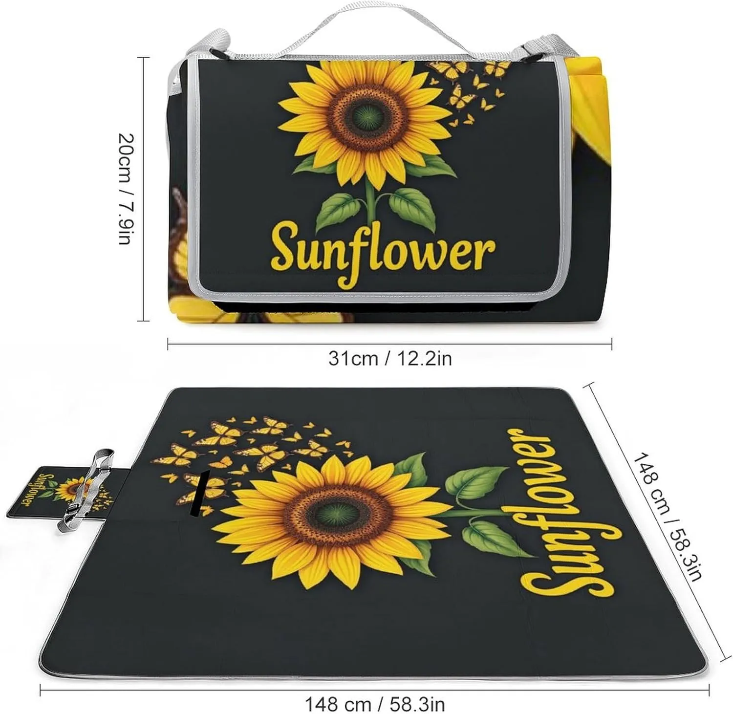 Water-Resistant Handy Mat Tote, Waterproof Butterfly Sunflower Camping Blanket for Outdoor Beach Park Accessories