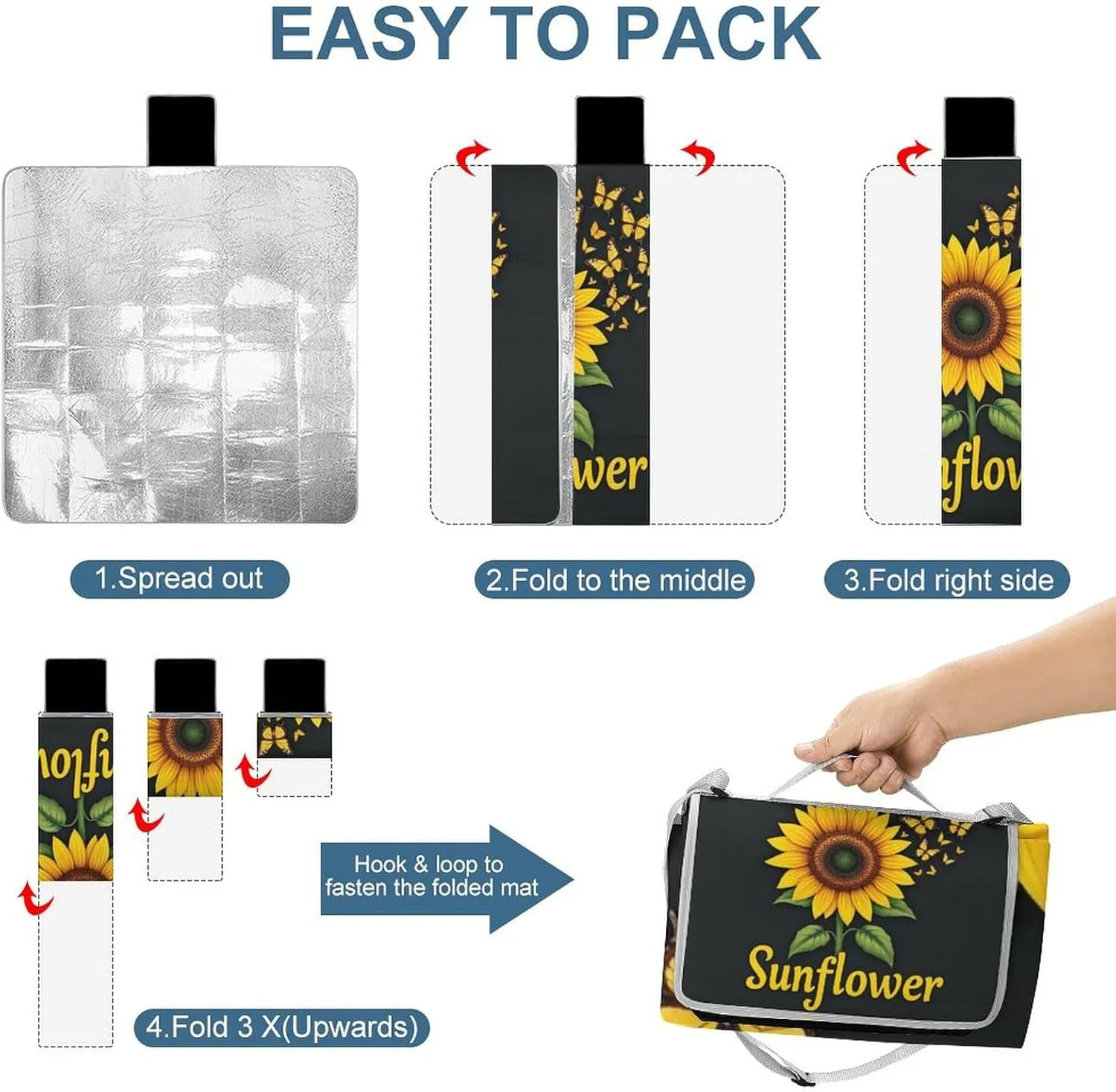 Water-Resistant Handy Mat Tote, Waterproof Butterfly Sunflower Camping Blanket for Outdoor Beach Park Accessories