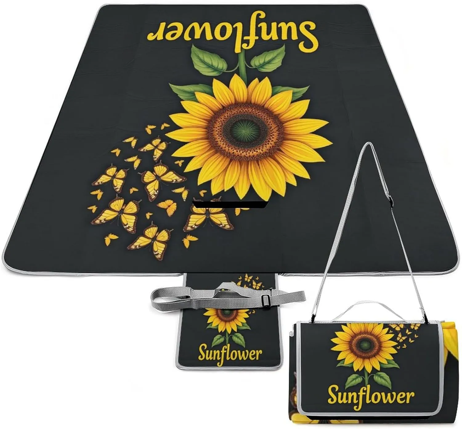 Water-Resistant Handy Mat Tote, Waterproof Butterfly Sunflower Camping Blanket for Outdoor Beach Park Accessories