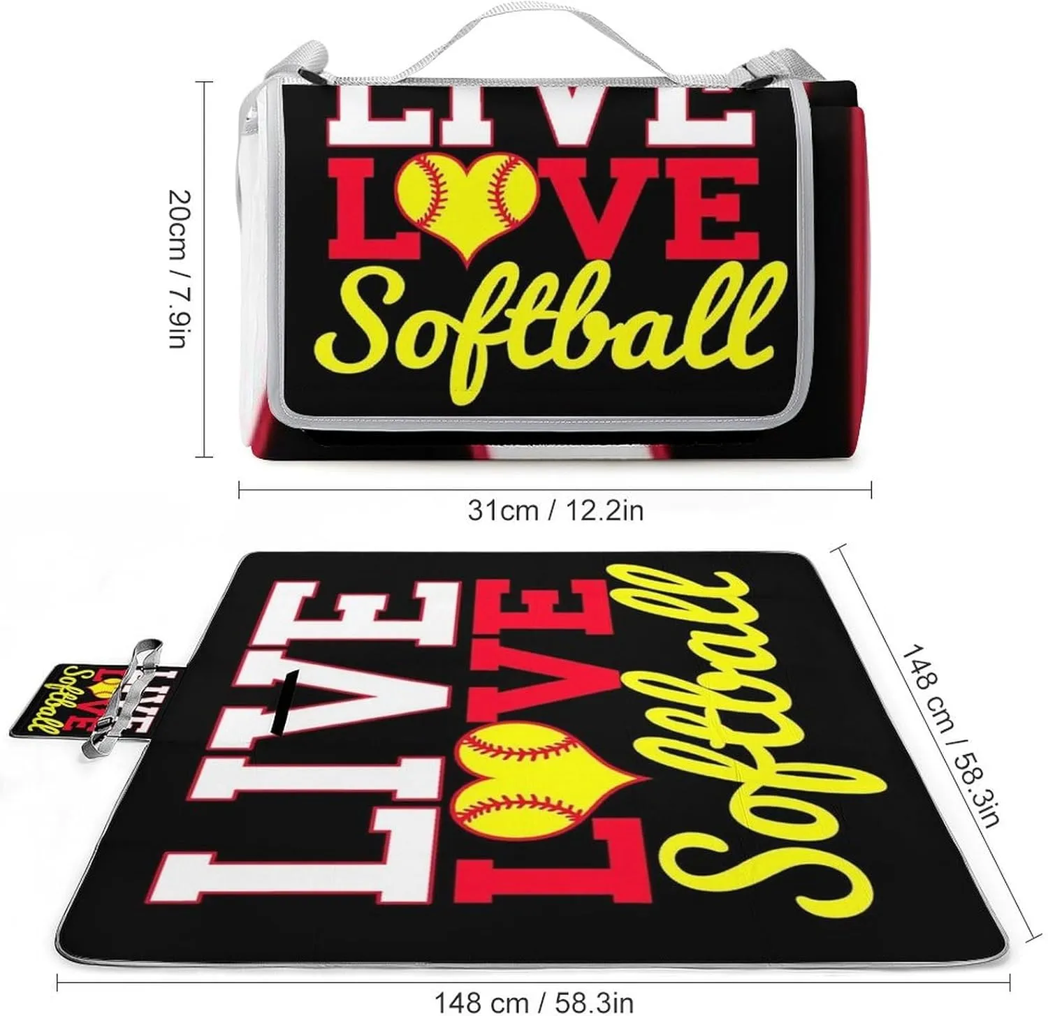 Water-Resistant Handy Mat Tote, Waterproof I Live Love Softball Camping Blanket for Outdoor Beach Park Accessories