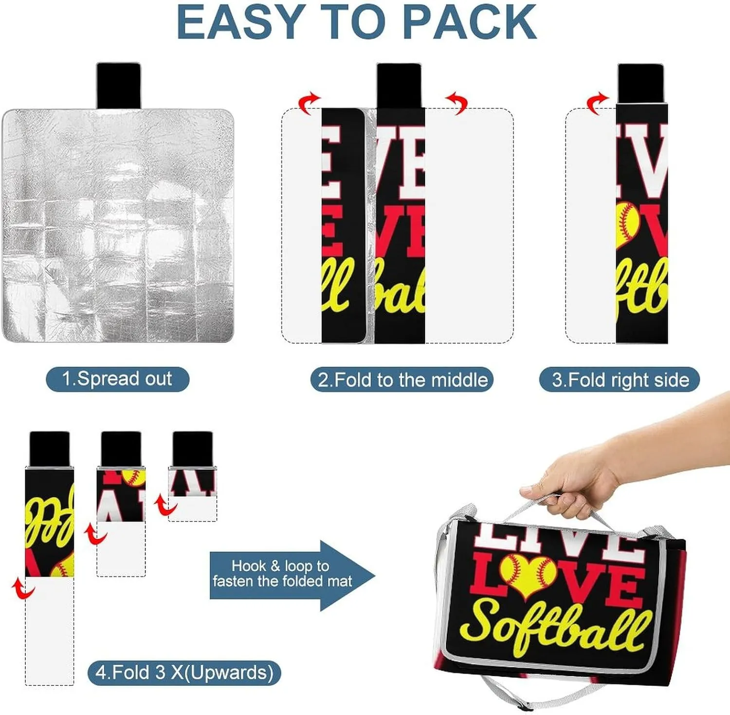 Water-Resistant Handy Mat Tote, Waterproof I Live Love Softball Camping Blanket for Outdoor Beach Park Accessories