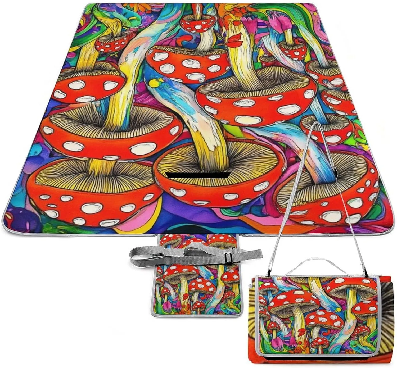 Waterproof Colorful Mushrooms Art Picnic Blanket with Strap, Foldable and Portable Mat for Indoor Family, Beach, Park, Travel, Camping